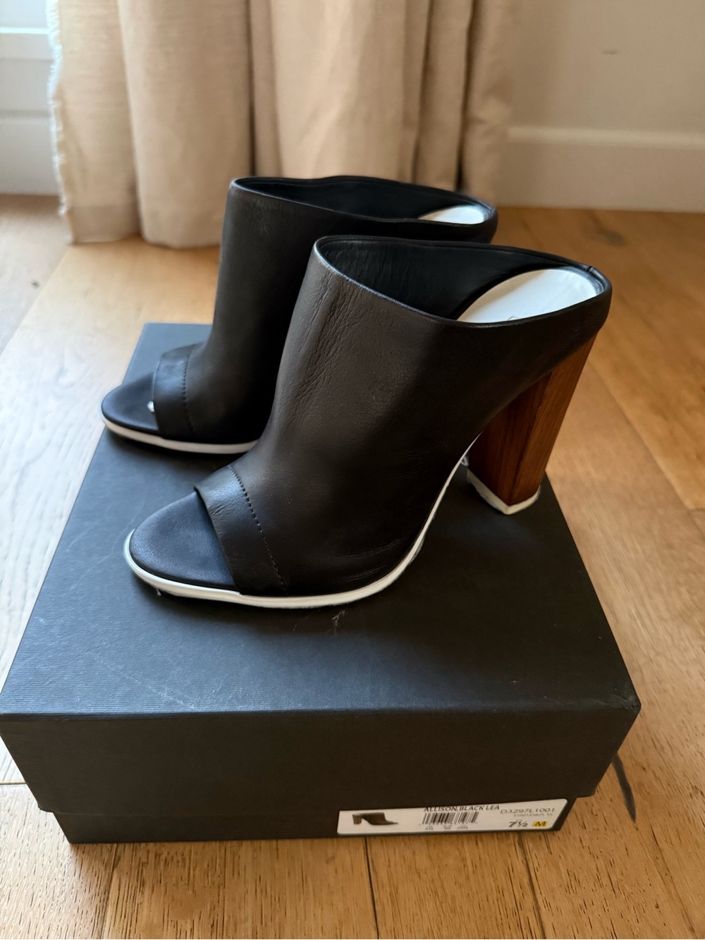 Vince Black Leather Open-Toe Mule with Wood Block Heel
